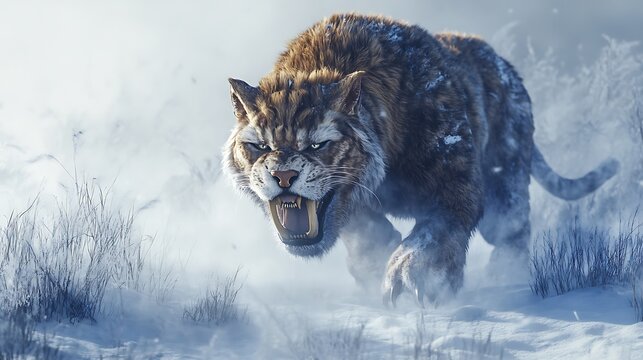 A Saber-toothed Tiger stalks through a snowy forest, its fangs bared and eyes gleaming.