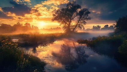 Obraz premium Silhouetted tree by misty river at sunset.