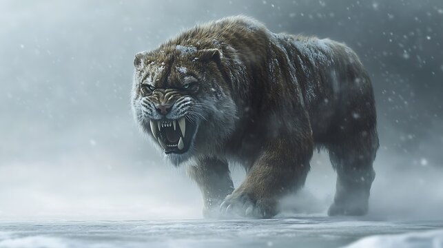 A saber-toothed tiger stalks through a snowy landscape, its teeth bared in a threatening growl.