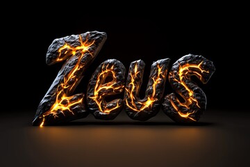 The name "Zeus" rendered in molten rock with glowing lava cracks.  A powerful and mythical design.