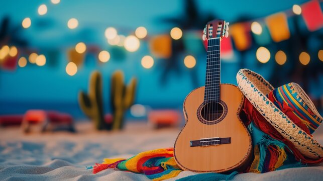  A colorful Mexican festival setup on a sandy beach featuring a traditional sombrero and guitar with bright cacti and vibrant festival banners in the background
