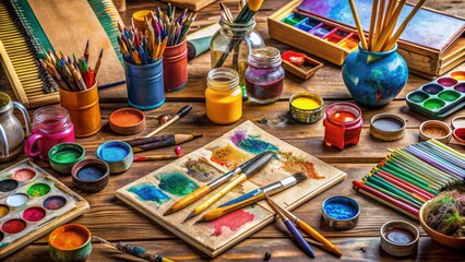 Vibrant art supplies scattered on a wooden table, featuring an assortment of ink bottles, paint tubes, brushes, pencils, and sketchbooks, evoking creativity and inspiration.