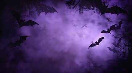 A dark, atmospheric background featuring bats and purple clouds, ideal for Halloween themes.