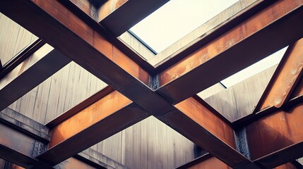 Steel Beams and Concrete: A low angle shot of steel beams crossing and intersecting, forming a geometric pattern with concrete walls. 