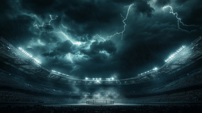A dramatic image of an octagon fighting cage in a stadium during a lightning storm, symbolizing intense competition, power, resilience, and the thrill of combat sports.