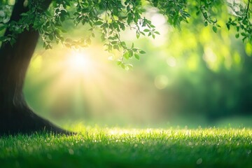 Fototapeta premium Blur background of sunlight shining though the tree with grass field. Soft light nature photography. Peaceful nature and solitude concept. with generative ai