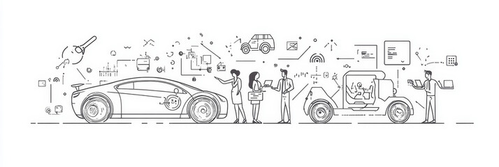 Fototapeta premium A group of people interact with a futuristic car, symbolizing innovation, technology, connectivity, mobility, and the future of transportation.