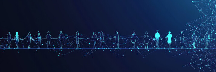 Obraz premium A group of people connected through a digital network, symbolizing social connections, communication, community, collaboration, and the power of technology.