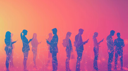 Fototapeta premium A group of people silhouetted against a vibrant background, each using a mobile device, representing the interconnectedness of modern society and reliance on technology.