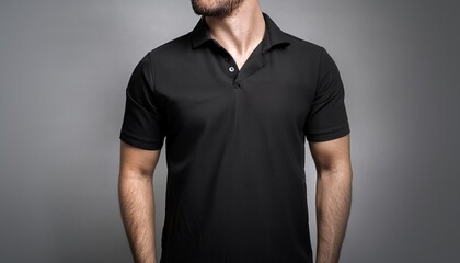 Blank black classic shirt mockup, front view, gray background