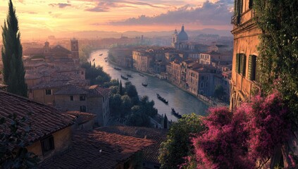 Obraz premium Sunset over Venice with gondolas and pink flowers.