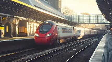 Naklejka premium Passenger train arriving at a bustling train station