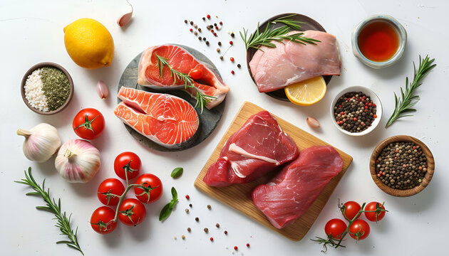 Flat lay composition with fresh meat and other products for balanced diet on white background