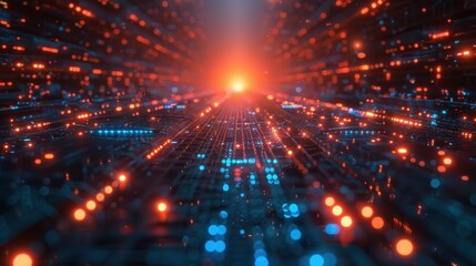 Obraz premium A 3D rendering of a digital network pathway with glowing lights.
