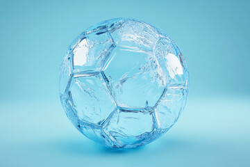Naklejka premium A soccer ball made of water, with the texture of the ball clearly visible, on a blue background, symbolizing: refreshing, sport, unique, liquid, and clean.