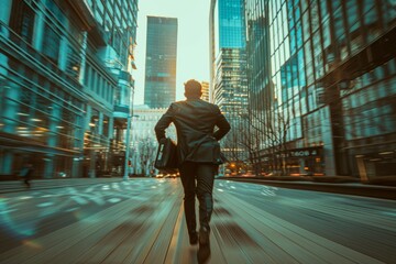 A professional man hurries through a bustling urban street at sunset, capturing the essence of city life