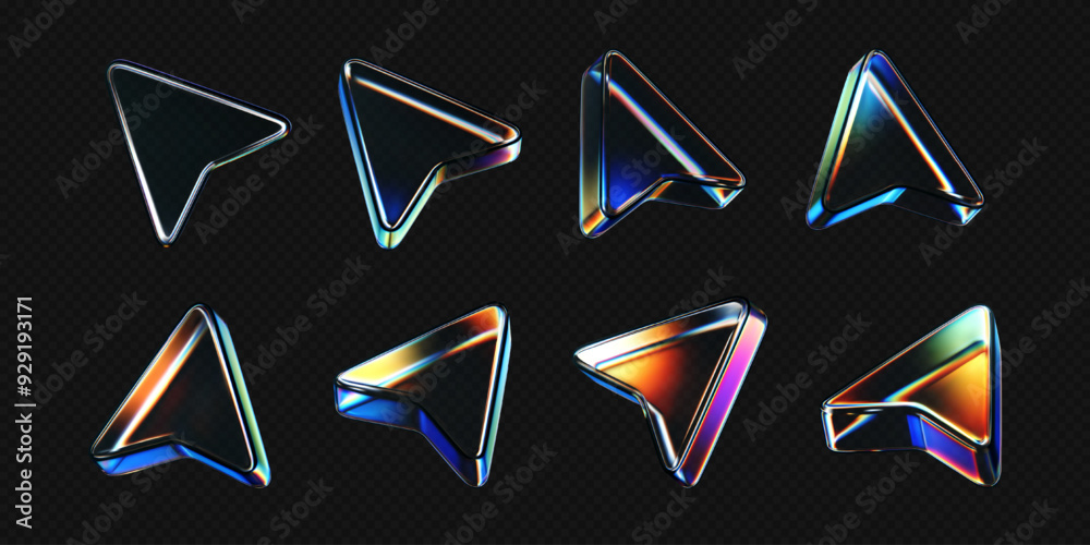 Canvas Prints 3d glass arrow icons set with refraction and holographic effect isolated on dark background. render 