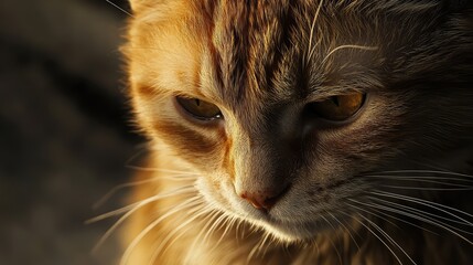 A close-up of a cat melancholic face in the middle of a peaceful, empty room, highlighting its solitary mood.