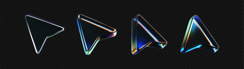 3d glass arrow icons set with refraction and holographic effect isolated on dark background. Render transparent glass cursor with overlay dispersion light, rainbow gradient. 3d vector morphism © janevasileva