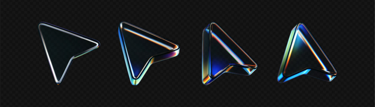 3d glass arrow icons set with refraction and holographic effect isolated on dark background. Render transparent glass cursor with overlay dispersion light, rainbow gradient. 3d vector morphism