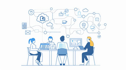 A team of four individuals working together at a desk, surrounded by a network of icons symbolizing communication, technology, and collaboration.