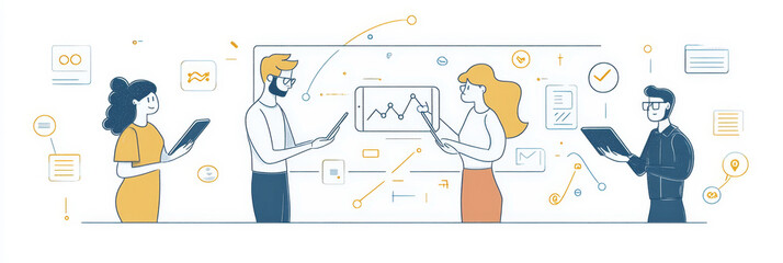 A team of four professionals collaborates on a project, analyzing data, strategizing, and discussing growth opportunities. They are using digital devices and a whiteboard, emphasizing teamwork and pro