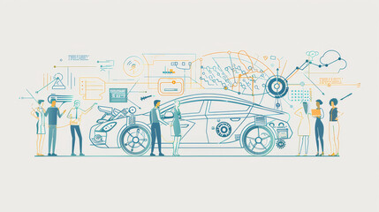 A team of professionals collaborate around a futuristic car, representing innovation, technology, and the future of the automotive industry.