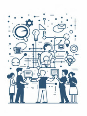 A team of individuals brainstorming and ideating together, surrounded by symbols of innovation, creativity, and teamwork.