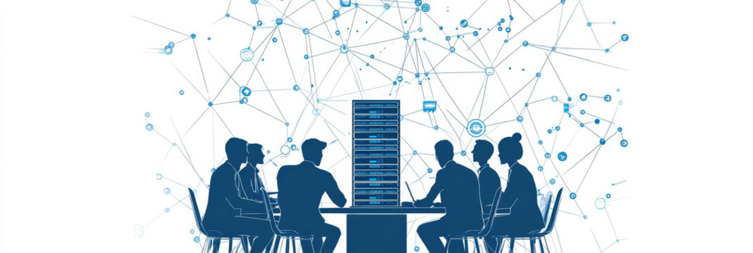 A team of professionals gathered around a table, symbolizing collaboration, data connectivity, technology integration, innovation, and business growth.