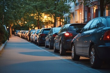 Cars parked on the road in the evening. Rows of cars parked on the roadside in residential district with generative ai