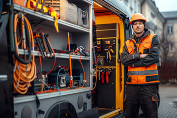 An electrician standing next to a fully equipped work van, showcasing the organization and readiness of their tools and equipment.