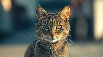 A lonely cat face in the center of the frame, with a soft, out-of-focus background, emphasizing its solitary mood.