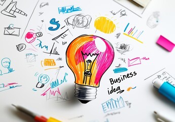 Creative business idea represented by a vibrant light bulb sketch surrounded by various drawings and colorful brainstorm concepts.