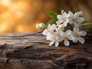 Fototapeta premium A delicate bouquet of white flowers resting on a wooden surface with a soft, warm background.