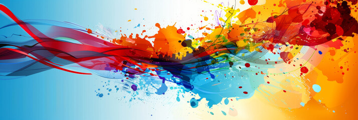 Fototapeta premium An abstract digital painting featuring vibrant splashes of color in blue, red, yellow, and orange, forming a dynamic composition. The splashes are interwoven with flowing, translucent lines, creating 