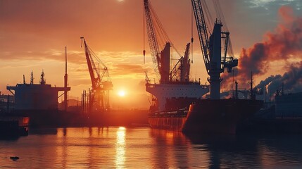 Obraz premium Shipyard with large cranes and cargo ships