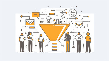 The illustration depicts a sales funnel with people representing different stages, symbolizing lead generation, customer acquisition, conversion, and customer satisfaction.