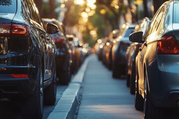 Obraz premium Cars parked on the road in the evening. Rows of cars parked on the roadside in residential district with generative ai