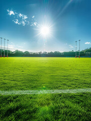 The image depicts a wide open green field with a bright blue sky and a shining sun, symbolizing nature, growth, opportunity, and vitality.