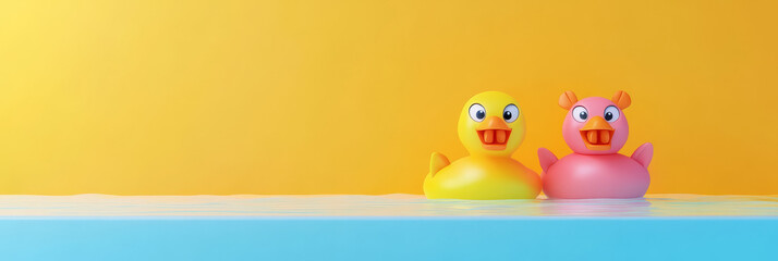 Obraz premium Two rubber ducks, one yellow and one pink, float in a pool of water with a bright yellow background. The ducks are smiling and represent fun, childhood, and joy.