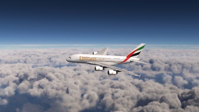 Airbus A380 Emirates flying over the clouds, 19 Aug, 2024, Sao Paulo, Brazil.