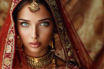 A stunning portrait of a woman in traditional attire, adorned with intricate jewelry and a vibrant veil, captured during a festive celebration