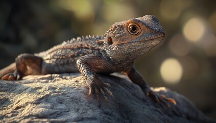 Fototapeta premium Lizard perched on rock, sunlit scales.
