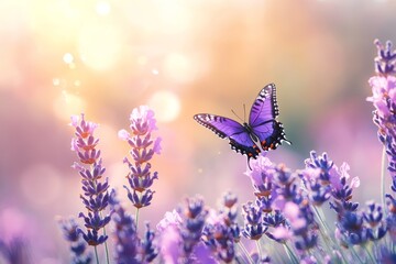 A vivid purple butterfly dances among blooming lavender at sunset, capturing the serene beauty of nature in a tranquil garden
