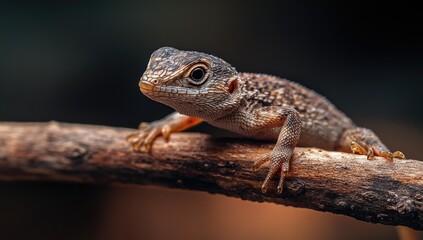 Fototapeta premium A lizard perched on a branch, looking up.