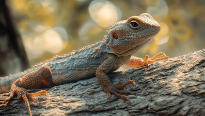 Obraz premium Lizard on a branch with a blurred background.