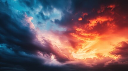 Fototapeta premium A dramatic sunset with vibrant colors and clouds filling the sky.