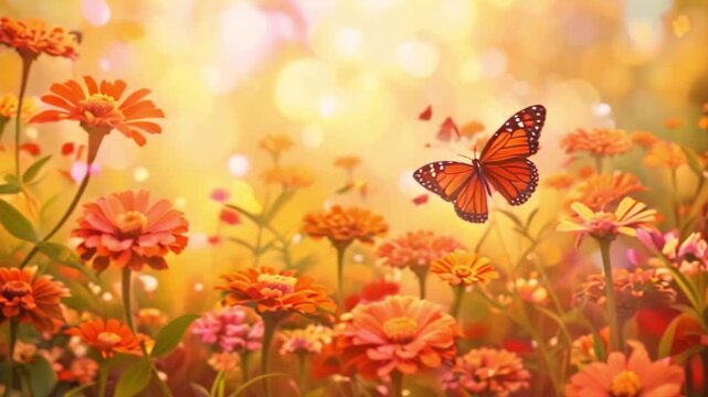 A Monarch butterfly flies over a field of orange zinnia flowers in a warm summer garden.