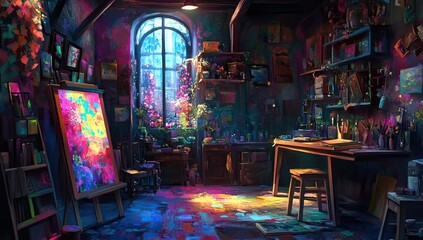 A colorful artist's studio with an easel.