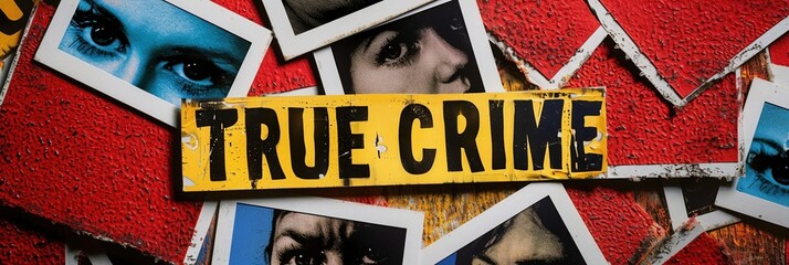 A yellow and black words "True Crime" with different photo cards of people in the background.